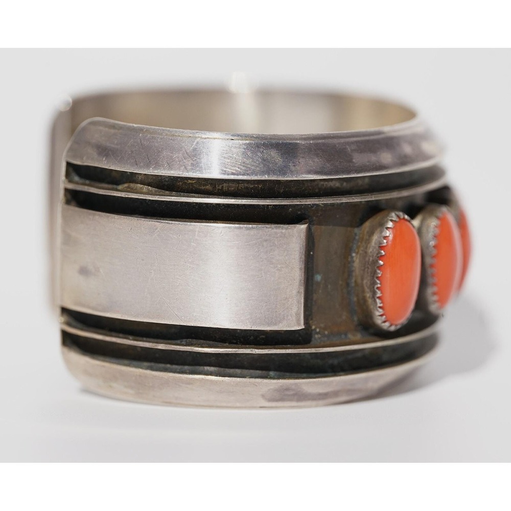 Old Pawn Native American Indian Sterling Silver Coral Cuff Bracelet - Heavy - Picture 3 of 9